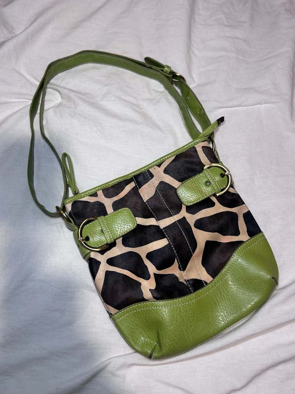 Vintage Giraffe Print Faux Leather Shoulder Bag Lime Green Trim